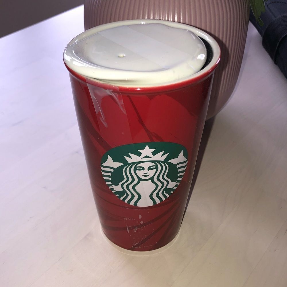 Starbucks Red Ceramic Travel Mug Holiday Coffee Cup with Lid NWOT